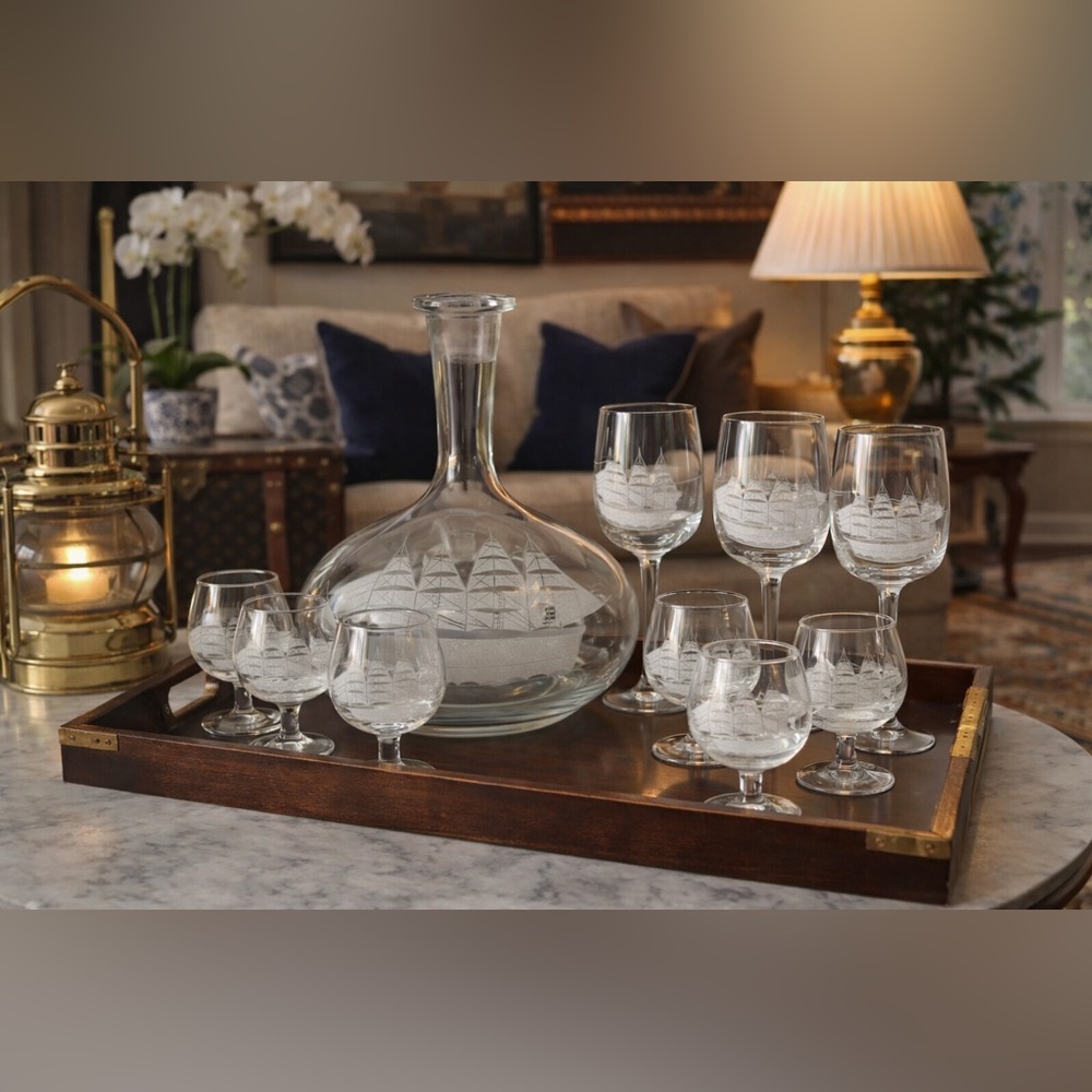 Toscany Clipper Ship Etched Frosted Glassware Set – Nautical – 10 Pc VTG Barware